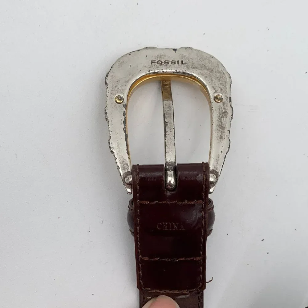Fossil Brown Leather Belt Two Tone Gold Silver Buckle Western